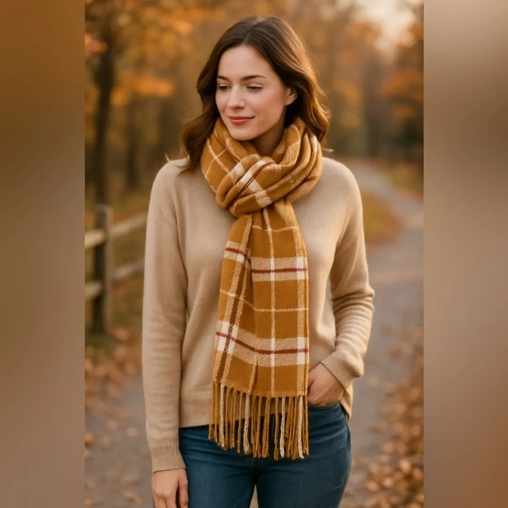 Soft Brushed Plaid Scarf –Lands’ End Classic Cold Weather Wool NWT 14